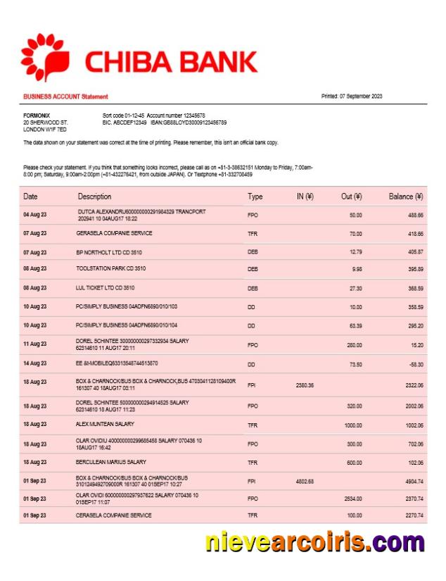 Chiba Bank company checking account statement